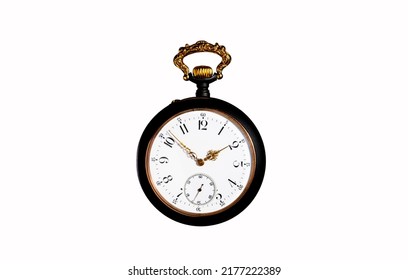 Black with gold antique pocket watch on white isolated background. Retro pocketwatch with second, minute, hour hands and numbers. Old round clock with dial for gentleman. Luxury aged chronometer.