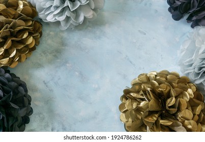 Black, Gold And Blue Poms On White Background. Celebration Decor Concept