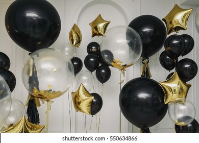 Black And Gold Helium Air Balloons On White Background, Celebrate, Party