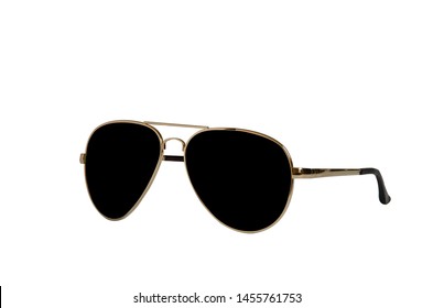 Black Gold-rimmed Glasses Isolated On White Background. The Aviator Sunglasses Side View.