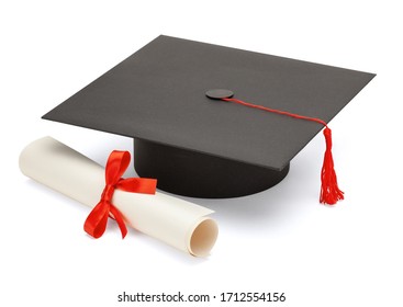 Black Graduate Cap With Scientific Degree Scroll Isolated On White Background.