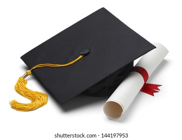 Black Graduation Cap with Degree Isolated on White Background. - Shutterstock ID 144197953