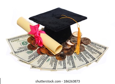 Black Graduation Cap And Degree With Money Isolated. 