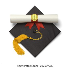 Black Graduation Hat with Gold Tassel and Diploma Isolated on White Background.