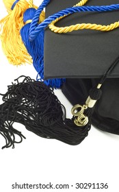 A Black Graduation Hat And Tassel With The Year 2009, Honors Cords, White Background, Vertical With Copy Space At Bottom