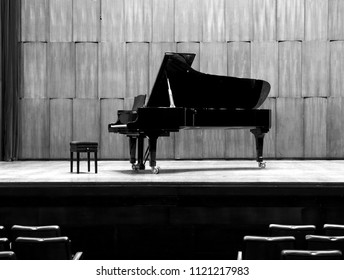 Black Grand Piano On Stage Before The Concert,b&w
