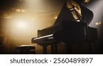 Black Grand Piano Standing on a Concert Stage in a Historical Theater Under Bright Spotlights. Music Instrument Ready to Be Used by a Virtuoso Musician in Front of Sophisticated Musicgoers