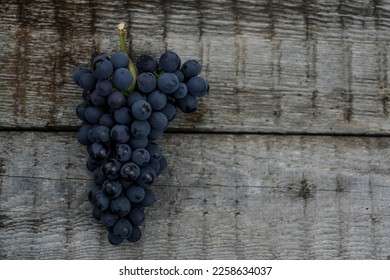 Black grape branch on white wooden background. Berry fruit botanic plant. Eating healthy food. empty Copy space for text top view. bunch of black grapes on a wooden board background.  - Shutterstock ID 2258634037