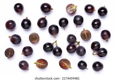 Black grape isolated on white background, top view, flat lay.