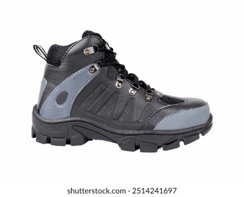 Black and gray hiking boots designed for durability and comfort, featuring a high-top design, sturdy laces, and a textured surface, ideal for outdoor adventures and rugged terrains. - Powered by Shutterstock