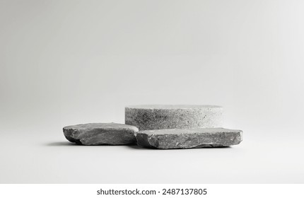 Black and gray round stone podium simple product placement above gray background. Rock pedestal stage natural material scene