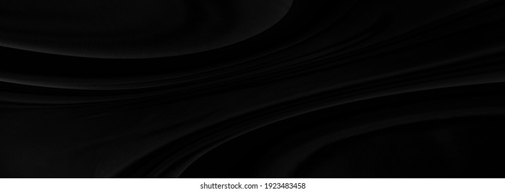 Black Gray Satin Dark Fabric Texture Luxurious Shiny That Is Abstract Silk Cloth Panorama Background With Patterns Soft Waves Blur Beautiful.