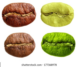 Black And Green Arabica, Robusta Coffee Bean, Grain Isolated On White Background.