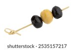 black and green olives on skewer isolated on white background with clipping path, vegan food, tasty vegan canapes