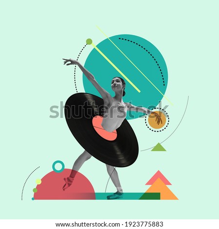 Black, green and red. Contemporary art collage. Beautiful girl ballet dancer dancing isolated over geometric background. Copy space for text, design, ad. Flyer. Square composition.