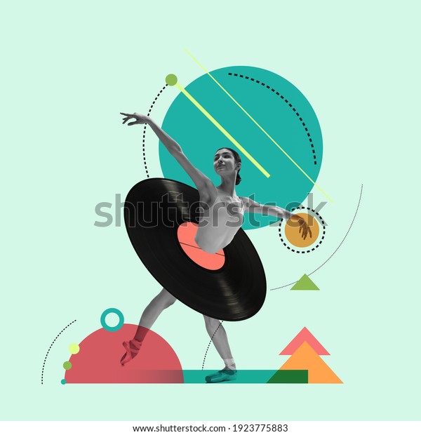 Black, green and red. Contemporary art collage. Beautiful girl ballet dancer dancing isolated over geometric background. Copy space for text, design, ad. Flyer. Square composition.