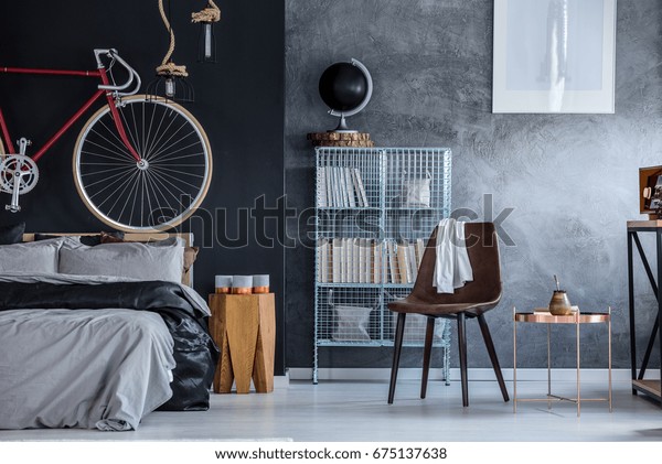 Black Grey Walls Modern Spacious Bedroom Stock Photo Edit