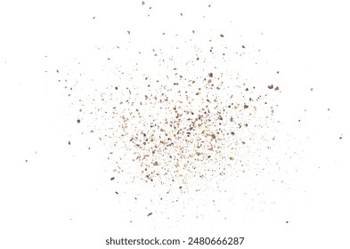 Black ground pepper scattered, spice flying isolated on white, clipping path	