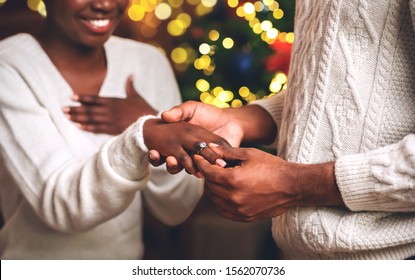 Black Guy Giving Diamond Ring To His Girlfriend For Christmas, Making Proposal