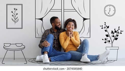 Black guy   his excited girlfriend imagining their new furnished home sitting floor against white wall background and interior drawings doodle  day dreaming about new house renovation  banner
