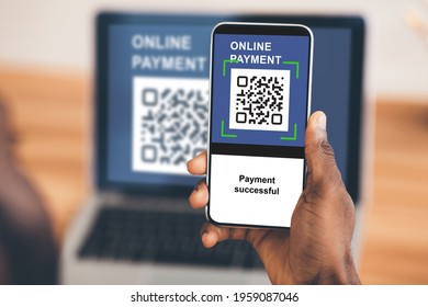 Black guy paying for goods and services online, using qr code on mobile phone, cropped. Closeup of smartphone with bar code on screen, african american man scanning code from laptop screen, collage