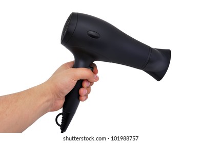 Black Hairdryer In Hand  On White Background