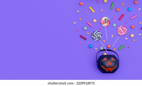 Black Halloween pumpkin bucket with scattered candies. Assorted candies are spilled on a purple background from a black decorative pumpkin pail. Halloween trick or treat candy theme with copy space. - Powered by Shutterstock