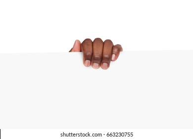 Black Hand With Blank Advertising Card. African American Man Holding Empty Paper, Isolated On White Background, Copy Space