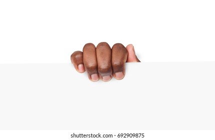 Black Hand With Blank Advertising Card. A Man Holding Empty Paper, Isolated On White Background, Copy Space