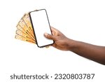 Black hand holding mobile phone with blank screen and Sierra Leonean Leone notes