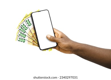 Black hand holding mobile phone with blank screen and Euro notes - Powered by Shutterstock