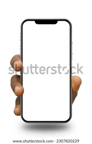 Black hand holding phone facing camera isolated on white background. blank screen, phone screen mockup, front view, clipping path, mask, set