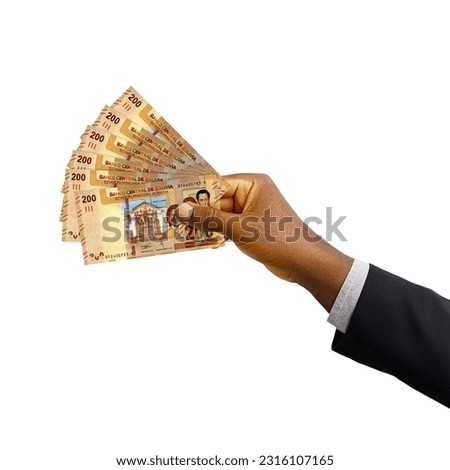 Black hand with suit holding 3D rendered Bolivian boliviano notes isolated on white background