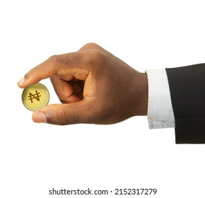 Black Hand In Suit Holding Nigerian Naira Coin Concept Isolated On White Background. Hand Holding Coin