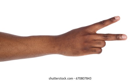 Black Hand With Two Fingers Up Isolated On White Background. Peace Or Victory Symbol, Playboy Gesture, Letter V Ing Sign Laguage