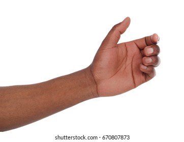 Black hand with virtual smartphone isolated on white background. African american man holding card, phone or other, void