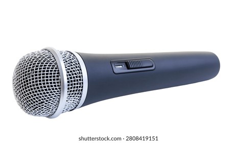 Black handheld dynamic microphone with silver metal mesh grille and power switch