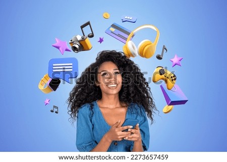 Black happy woman portrait with phone, looking up diverse digital world icons. Concept of social media, payment and online shopping