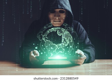 Black hat hacker using tablet on table sensitive data cyber crime hack in black dark room green earth hologram background matrix binary code. Cyber security cyber crime concept. Hacking phishing - Powered by Shutterstock