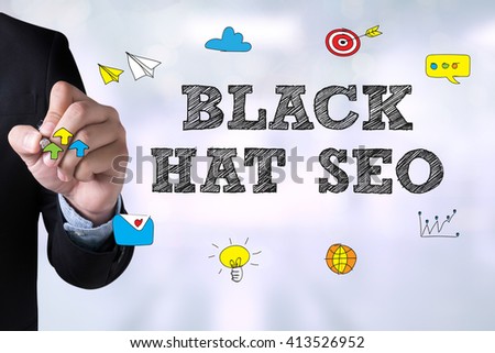 BLACK HAT SEO and Businessman drawing Landing Page on blackboard