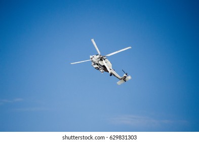 Black Hawk Uh 60 Helicopter Rescue Team Approach Landing, Exhaust Gas,  With Aviation Antennas On Mountain Background