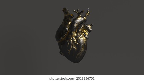 Black Heart with gold Anatomical. Anatomy and medicine concept image.