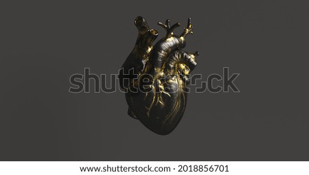 Black Heart with gold Anatomical. Anatomy and medicine concept image.