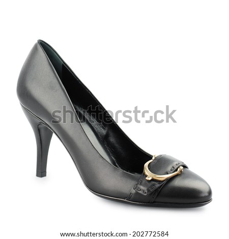 Black high heel women shoe with gold buckle isolated on white background.