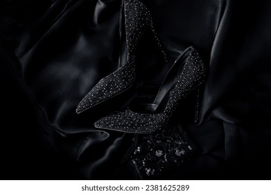 Black high heels with rhinestones. Shoe shop. Festive shoes. Shiny shoes with rhinestones. - Powered by Shutterstock