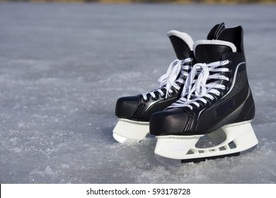 Black hockey skates on the spring ice in sunny day
