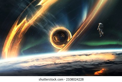 Black hole absorbing light in deep space. 5K realistic science fiction art. Elements of image provided by Nasa