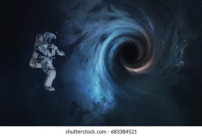Black hole and astronaut. Abstract space wallpaper. Universe filled with stars, nebulas, galaxies and planets. Elements of this image furnished by NASA