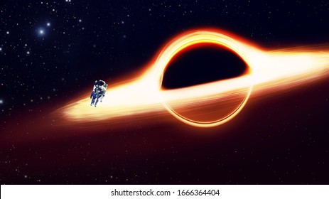 black hole and a disk of glowing plasma. The fall of the astronaut at the event horizon, gravity. Elements of this image furnished by NASA.
