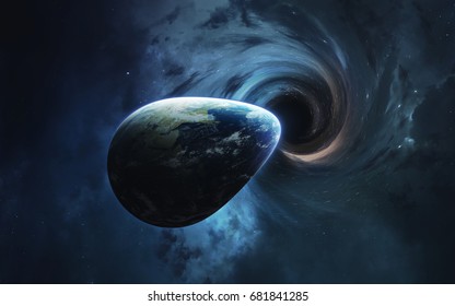 Black hole and Earth. Abstract space wallpaper. Universe filled with stars, nebulas, galaxies and planets. Elements of this image furnished by NASA